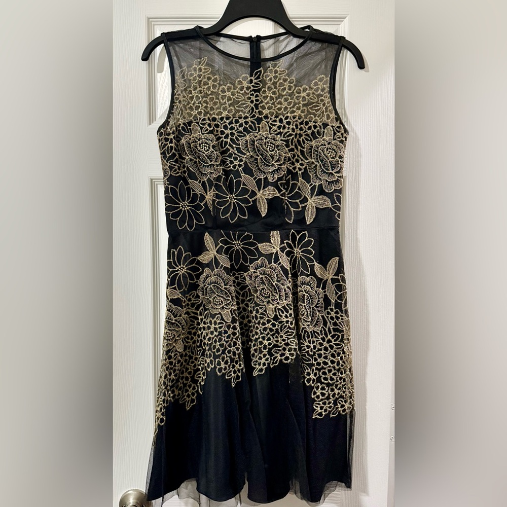 Tahari Black Dress with Gold Floral Lace Overlay